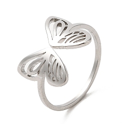 Stainless Steel Color 304 Stainless Steel Open Cuff Ring, Hollow Butterfly, Stainless Steel Color, US Size 6(16.5mm)