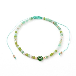 Lawn Green Adjustable Nylon Cord Braided Bead Bracelets, with Evil Eye Lampwork Beads, FGB Glass Seed Beads and Frosted Glass Beads, Lawn Green, Inner Diameter: 2-1/8~4-1/8 inch(5.3~10.3cm)
