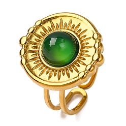 Зеленый агат Перстни с натуральным зеленым ониксом и агатом, плоские круглые золотистые тона 304 манжеты из нержавеющей стали для женщин, внутренний диаметр: регулируемый