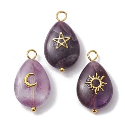 Amethyst 3Pcs 3 Styles Natural Amethyst Pendant, Teardrop Charms with Golden Plated Metal Moon & Sun & Star, 23~23.5x13x6.5~7mm, Hole: 2.4~2.8mm, 1pc/style