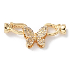 Golden Rack Plating Brass Micro Pave Clear Cubic Zirconia Fold Over Clasps, Butterfly, Cadmium Free & Lead Free, Long-Lasting Plated, Golden, Butterfly: 12x15.5x6mm, Clasp: 12x6mm, Inner Diameter: 4.5mm