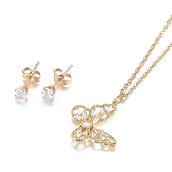 Golden 304 Stainless Steel Rhinestone Jewelry Sets, Butterfly Pendant Necklaces and Stud Earrings, Cable Chains, Lobster Claw Clasps and Ear Nuts, Crystal, Golden, 18.11 inch(46cm), 15x5.5mm, Pin: 0.7mm