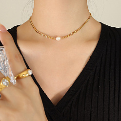 P539 - Golden Necklace - 34+5cm Stylish Titanium Steel Pearl Necklace for Women - Elegant Autumn/Winter Chain Jewelry