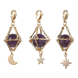 Amethyst Natural Amethyst Brass Pendant Decorations, Diamond with Star & Moon, 48~52mm, 3pcs/set