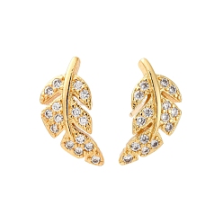 Настоящее золото 18K Серьги-гвоздики с перьями из прозрачного кубического циркония, украшения из латуни для женщин, без кадмия, без никеля и без свинца, реальный 18 k позолоченный, 13x6 мм, штифты : 0.6 мм