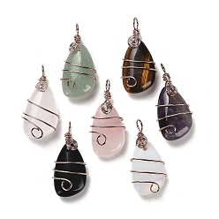 Mixed Stone Natural & Synthetic Mixed Gemstone Pendants, Rack Plating Brass Wire Wrapped Gems Teardrop Charms, Cadmium Free & Lead Free, Rose Gold, 37~40x19~19.5x9.5~10mm, Hole: 4.5~5mm