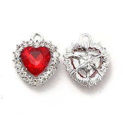 Red Alloy Glass Pendants, Crystal Rhinestone Heart Charm, Platinum, Red, 19x16x5.8mm, Hole: 2mm