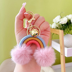 Pearl Pink Cotton Rainbow Keychain with Artificial Fur Ball, Pom Pom Bell Key Chain, Pearl Pink, 11.3cm, Pendant: 54x83mm