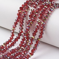 Dark Red Electroplate Transparent Glass Beads Strands, Half Green Plated, Faceted, Rondelle, Dark Red, 6x5mm, Hole: 1mm, about 85~88pcs/strand, 16.1~16.5 inch(41~42cm)
