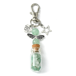 Green Aventurine Glass Wishing Bottle with Natural Green Aventurine inside Pendant Decorations, Star & Heart Tibetan Style Alloy and Swivel Lobster Claw Clasps Charm, 86mm, Pendants: 58x21.5x13mm