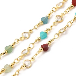 Mixed Stone Heart Handmade Natural Gemstone Beaded Chains, Real 18K Gold Plated Brass Cubic Zirconia Chains, Soldered, with Spool, Cadmium Free & Lead Free, Gemstone: 16~17x4x2mm, Cubic Zirconia: 9x4x2mm