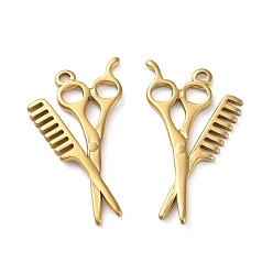 Golden Ion Plating(IP) 304 Stainless Steel Pendants, Scissors with Comb Charm, Golden, 33.5x19x2mm, Hole: 1.6mm