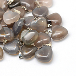 Grey Agate Heart Natural Grey Agate Pendants, with Platinum Tone Brass Findings, 17~19x15~16x5~8mm, Hole: 2x7mm