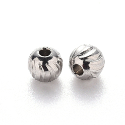 Stainless Steel Color 201 Stainless Steel Corrugated Beads, Round, Stainless Steel Color, 5x4.5mm, Hole: 1.8mm