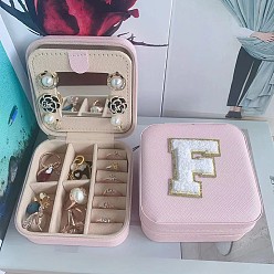 Letter F Letter Imitation Leather Jewelry Organizer Case with Mirror Inside, for Necklaces, Rings, Earrings and Pendants, Square, Pink, Letter F, 10x10x5.5cm