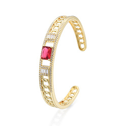 Crimson Cubic Zirconia Rectangle Open Cuff Bangle, Golden Brass Jewelry for Women, Nickel Free, Crimson, Inner Diameter: 2-1/8 inch(5.4cm)