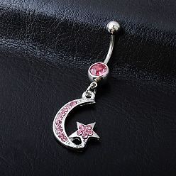 Rose Rhinestone Moon & Star Dangle Belly Ring, Alloy Navel Ring with 316L Surgical Stainless Steel Bar for Women Piercing Jewelry, Rose, 47mm