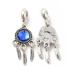 Royal Blue Rack Plating Alloy European Dangle Charms, with Glass, Large Hole Charms, Flat Round with Feather, Antique Silver, Royal Blue, 35mm, Pendant: 25x13x4mm, Hole: 5mm