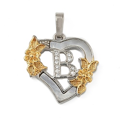 Letter B Латунь микропаве фианиты с подвесками-ракушками, Сердце и письмо, долговечный, без свинца и без кадмия, стойки покрытие, В письме, 20x20.5x3 мм, отверстие : 3.5x5 мм