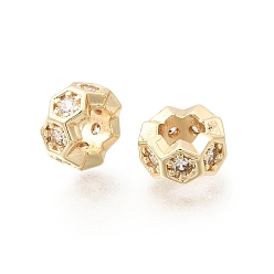 Light Gold Шестиугольные латунные микропаве прозрачные кубические цирконии европейские бусины, рондель, колесо, бусины с большими отверстиями, стойки покрытие, долговечный, без свинца и без кадмия, золотой свет, 8x4 мм, отверстие : 4.4 мм
