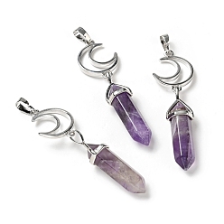 Amethyst Natural Amethyst Double Terminated Pointed Big Pendants, with Platinum Tone Brass Findings, Cadmium Free & Lead Free, Moon with Bullet, Faceted, 70~75mm, Hole: 4.6x8mm