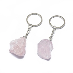 Rose Quartz Natural Rose Quartz Keychain, with Iron Chains and Alloy Key Rings, Nuggets, 89~97mm