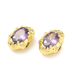 Medium Purple Brass Pave Cubic Zirconia Beads, Irregular Oval, Rack Plating, Long-Lasting Plated, Lead Free & Cadmium Free, Real 18K Gold Plated, Medium Purple, 13x9x7.5mm, Hole: 2.5mm