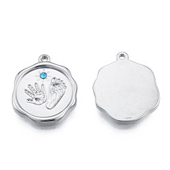 Stainless Steel Color 304 Stainless Steel Pendants, with Aquamarine Rhinestone, Nuggets with Fingerprint & Footprints, Stainless Steel Color, 19.5x15.5x2.5mm, Hole: 1.4mm