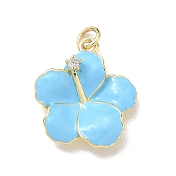 Light Sky Blue Brass Micro Pave Clear Cubic Zirconia Pendants, with Enamel, Flower Charms, Rack Plating, Long-Lasting Plated, Cadmium Free & Lead Free, Real 18K Gold Plated, Light Sky Blue, 21.5x19x4.5mm, Hole: 3mm