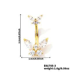 Золотой Элегантные латунные хрустальные стразы бабочка изогнутые кольца для пупка штанга, золотые, 22x14 мм