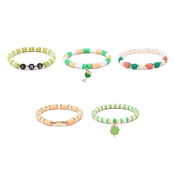 Mixed Color Saint Patrick's Day Freshwater Pearl & Handmade Polymer Clay Heishi Stretch Bracelets Sets, Clover & Wine Cup Alloy Enamel Charm Bracelets for Women, Mixed Color, Inner Diameter: 2 inch(5~5.2cm), 5pcs/set