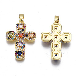 Colorful Brass Micro Pave Cubic Zirconia Pendants, Real 16K Gold Plated, Nickel free, Cross, Colorful, 27x18.5x4mm, Hole: 2.5x5mm