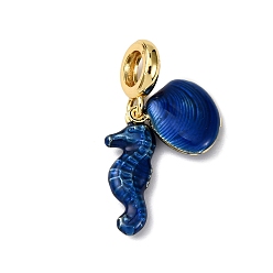 Темно-Синий Латунные эмалированные европейские подвески с подвесками, подвески с большим отверстием в форме ракушки морского конька, долговечный, стойки покрытие, без кадмия и без свинца, реальный 18 k позолоченный, темно-синий, 32 мм, отверстие : 5.5 мм