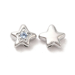 Light Sky Blue Brass Cubic Zirconia Beads, Star, Platinum, Light Sky Blue, 7x8x4mm, Hole: 1mm