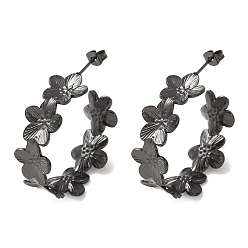 Black 304 Stainless Steel Stud Earrings for Women, Flower, Half Hoop Earrings, Ion Plating(IP), Black, 11.5x34mm