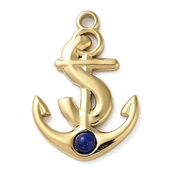 Lapis Lazuli Vacuum Plating 316 Stainless Steel Pendants, with Natural Lapis Lazuli, Anchor, Real 18K Gold Plated, 23x15.5x3mm, Hole: 1.8mm