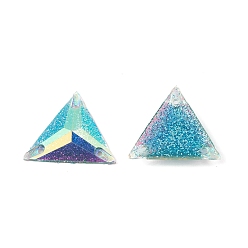 Turquoise Triangle Sew on Rhinestone, Resin Rhinestone, Multi-Strand Links, AB Color, with Glitter Powder, Faceted, Garment Accessories, Turquoise, 21x24x4.5mm, Hole: 1.2mm