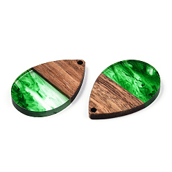 Green Transparent Resin & Walnut Wood Pendants, Teardrop Charms, Green, 36x24.5x3.5mm, Hole: 2mm