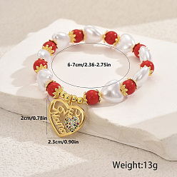 (52) Непрозрачная лаванда День матери латунные браслеты с микропаве из кубического циркония в форме сердца, браслеты-сердечки из искусственного жемчуга для женщин, разноцветные, 7/8x3/4 дюйм (2.3x2 см), внутренний диаметр: 2-3/8 дюйм (6 см)