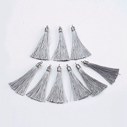 Gray Nylon Tassels Big Pendant Decorations, with Antique Silver Alloy Findings, Gray, 55~67x7mm, Hole: 2mm
