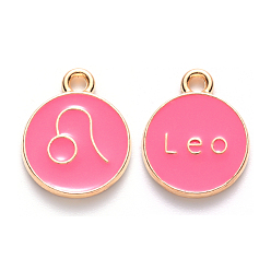 Leo Alloy Enamel Pendants, Cadmium Free & Lead Free, Flat Round with Constellation, Light Gold, Cerise, Leo, 15x12x2mm, Hole: 1.5mm
