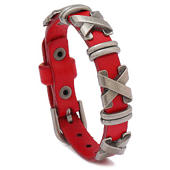 Red Cowhide Leather Cord Bracelet with Alloy Criss Cross Beaded, Adjustable Bracelet, Red, 9-1/2 inch(24cm)