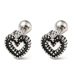 Antique Silver 304 Stainless Steel Stud Earrings, Hollow Heart, Antique Silver, 8x7.5mm
