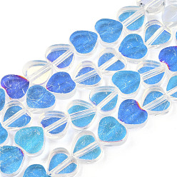 Deep Sky Blue Transparent Electroplate Glass Beads Strands, Half Plated, Heart, Deep Sky Blue, 9.5x10.5x3mm, Hole: 0.8mm, about 60pcs/strand, 21.65 inch(55cm)
