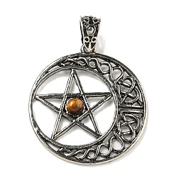 Тигровый глаз Природных тигровый глаз подвески, Антикварная серебряная стойка с покрытием из сплава с полой луной и подвесками в виде звезд, без свинца и без кадмия, 36x33x4 мм, отверстие : 4x6 мм