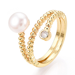 Real 18K Gold Plated Natural Pearl Double Lines Finger Ring with Rhinestone, Brass Finger Rings for Women, Real 18K Gold Plated, US Size 7(17.3mm)
