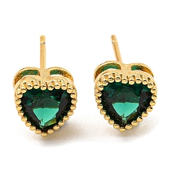 Green Cubic Zirconia Heart Stud Earrings, Real 18K Gold Plated Brass Earrings, Cadmium Free & Lead Free, Green, 7x7mm