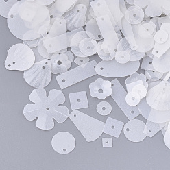 White Ornament Accessories, PVC Plastic Paillette/Sequins Beads, Frosted, Mixed Shapes, White, 5.5~33.5x3.5~19.5x0.3~2.5mm, Hole: 0.9~1.6mm