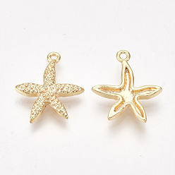 Real 18K Gold Plated Brass Pendants, Starfish/Sea Stars, Nickel Free, Real 18K Gold Plated, 16x14x2.5mm, Hole: 1mm