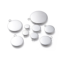 Stainless Steel Color 201 Stainless Steel Pendant Cabochon Setting, Plain Edge Bezel Cups, Flat Round, Stainless Steel Color, Tray: 8~30.5mm, 19.5~37x16~32x2mm, Hole: 3mm, 90pcs/box